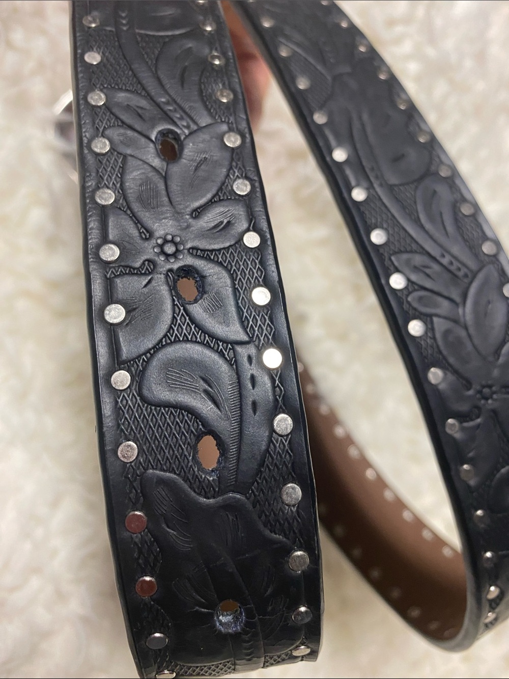 Ariat Black Genuine Leather Western/Biker Belt with Ornate Silver Buckle - Picture 7 of 11